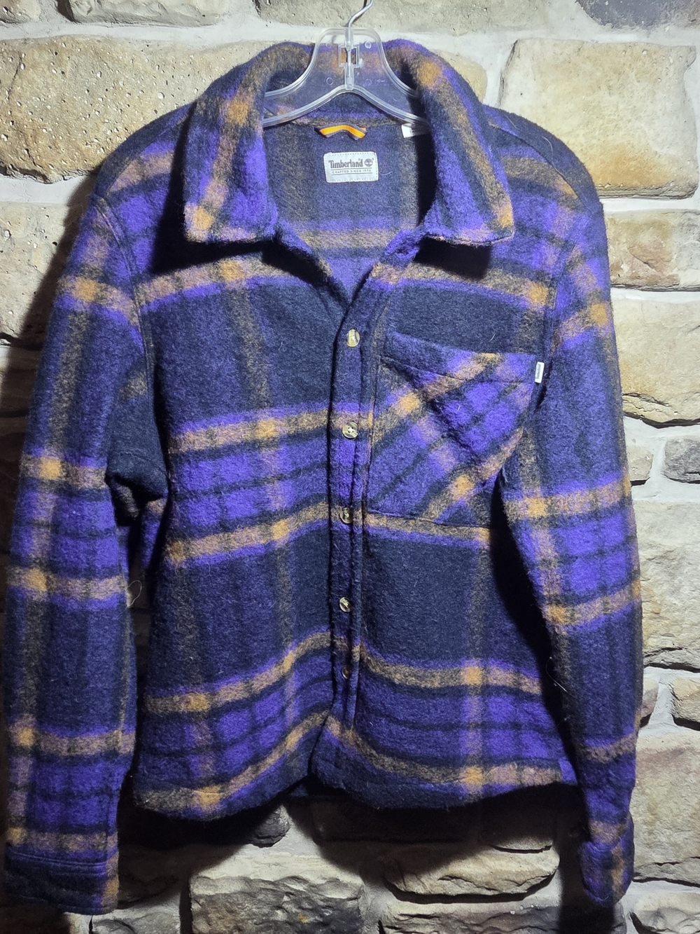 Timberland Wool Blend Heavyweight Plaid Overshirt Jacket Purple Gold Mens Small
